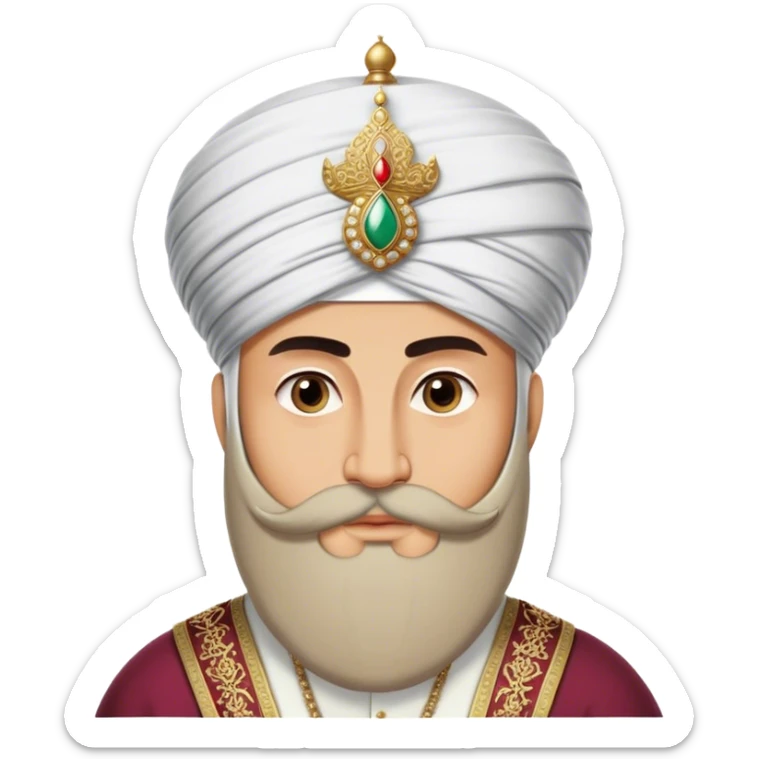 ​Cinematic Realistic Portrait of Suleiman the Magnificent, depicted as a regal Ottoman sultan adorned with a large, white, round, tall turban and a majesti beard, his commanding gaze bathed in warm, historic lighting that exudes timeless authority and grandeur, sticker