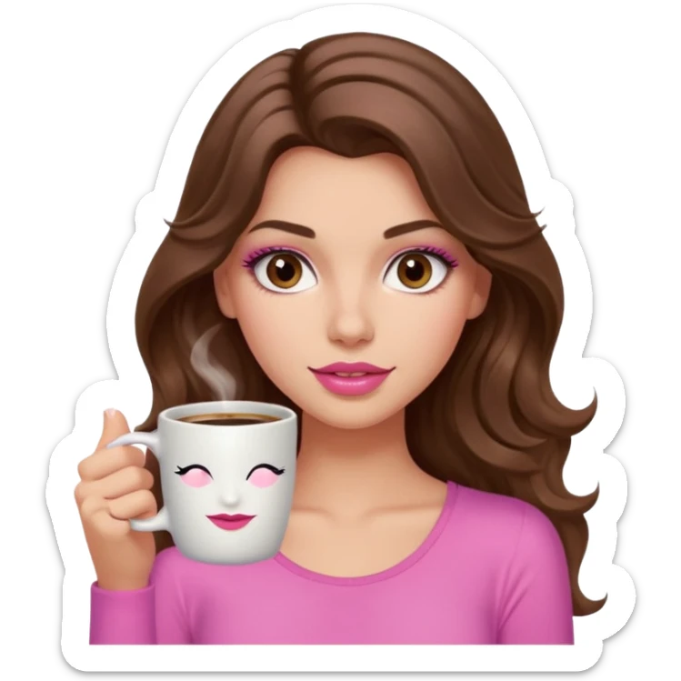 girl with long wavy brown hair, brown eyes, long lashes,sexy pink lips, light to medium complexion, pink sexy top, with a coffee mug sticker