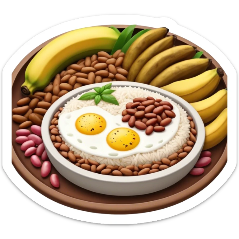 Cinematic Realistic Bandeja Paisa Dish Emoji, depicted as a hearty platter featuring beans, rice, meat, and plantains rendered with detailed textures and vibrant, robust lighting. sticker