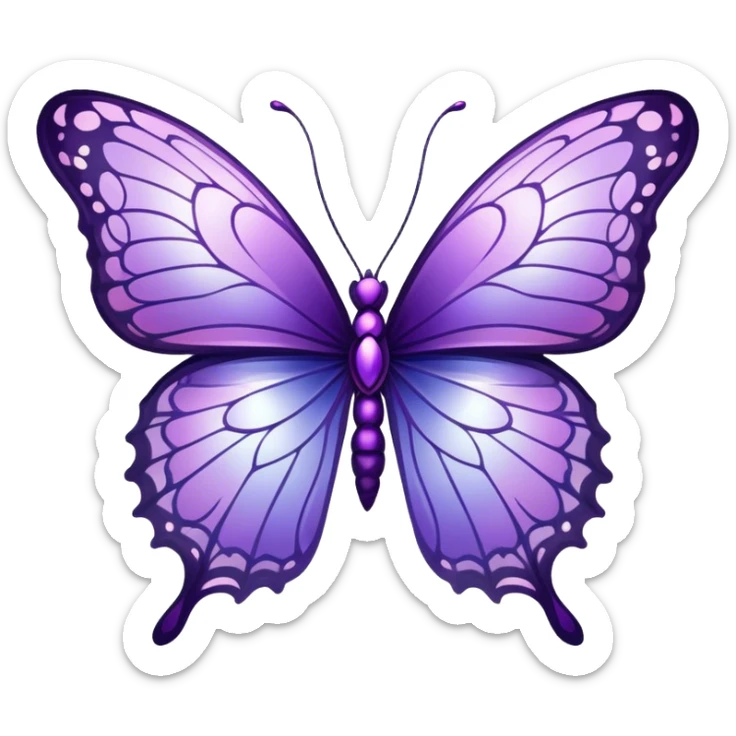 "A majestic butterfly in shades of purple, with intricately detailed wings featuring a mesmerizing pattern resembling delicate lace. The wings shimmer with an iridescent glow, reflecting hues of amethyst and lilac. The butterfly hovers gently above a field of blooming lavender, surrounded by tiny dewdrops glistening in the morning sunlight. A soft-focus background creates a dreamy atmosphere, emphasizing the elegance and ethereal quality of the butterfly."
 sticker