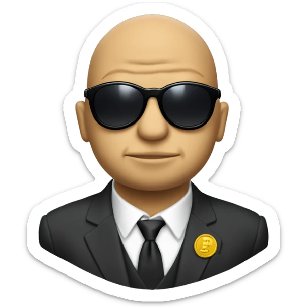 pepe bald from centre and having side hair wearing suit and black shoes with sunglasses and promoting a coin sticker