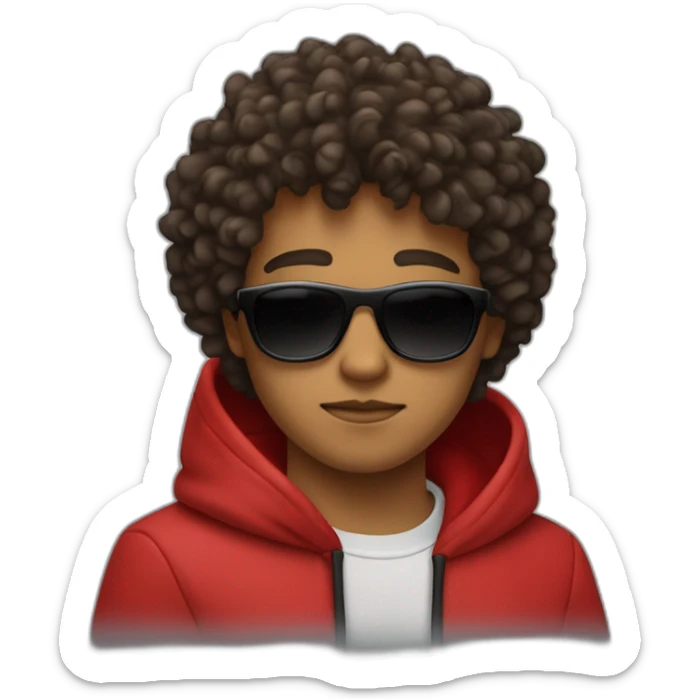 Square-jawed boy with curly hair and a degrade, wearing black sunglasses and a red hoodie. sticker