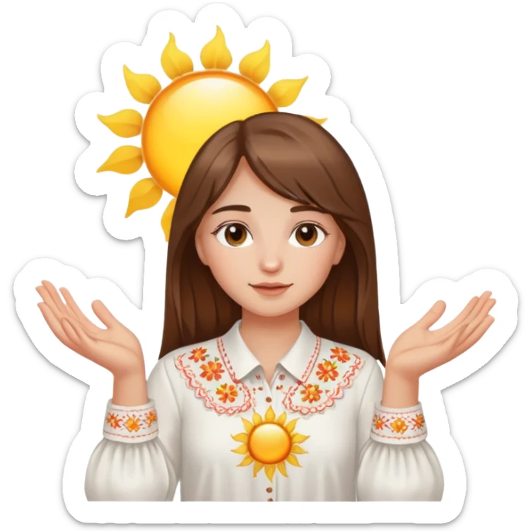 A young Ukrainian girl with brown hair wearing a white embroidered shirt holds the sun in her hands sticker