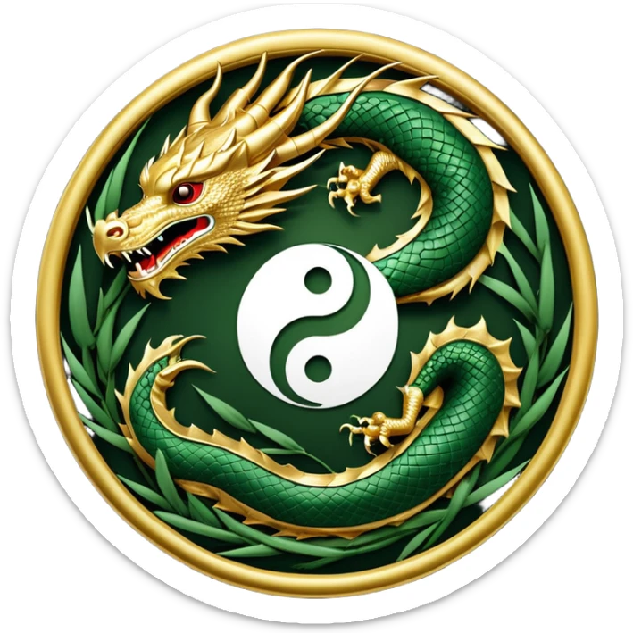 An icon symbolizing Eastern martial arts in the style of an emblem, with a black-and-white Yin-Yang symbol at the center. A dragon is placed on either side, representing strength and wisdom. The design includes bamboo and traditional elements. Transparent background sticker