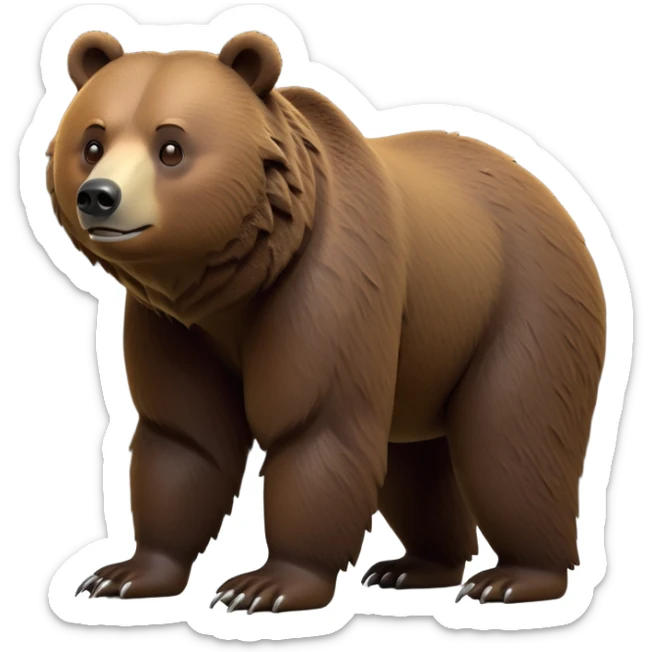 cinematic-[grizzly bear]-realistic-full-body-standing on all fours-emoji,-tail-tucked-close,-head-tilted-dramatically,-thick-[dark brown]-fur,-simplified-yet-realistic-focused-features,-highly-detailed,-glowing-with-an-almost-sarcastic-glow sticker