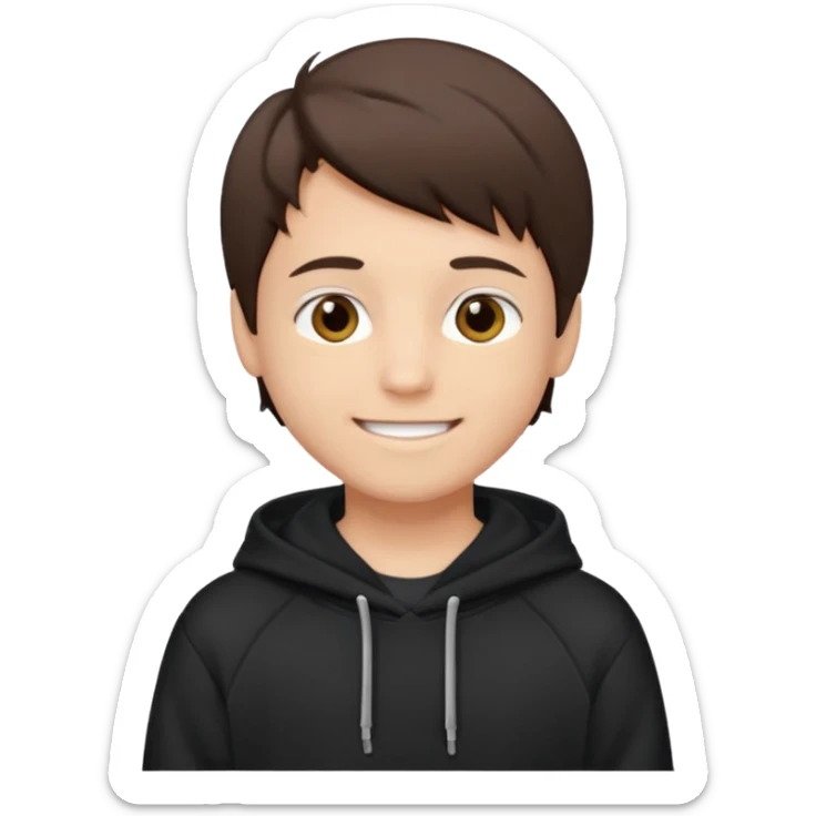 A brunette boy, short straight hair, light brown eyes, with a black sweatshirt with a hoodie, and smile  sticker