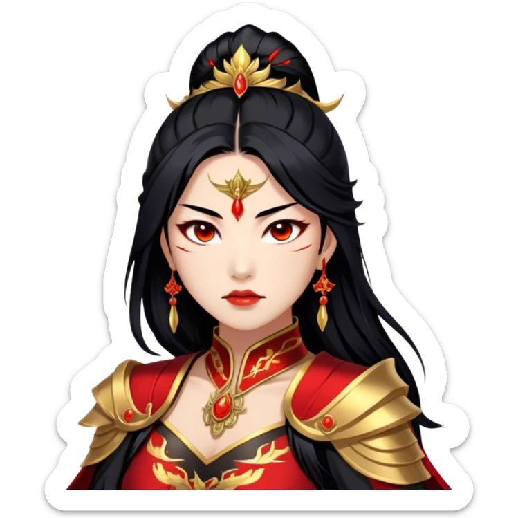 Cinematic Stunning Mulan Portrait Emoji, Fierce yet graceful, flowing raven-black hair, piercing brown eyes filled with determination, adorned in regal red and gold warrior attire, glowing with the strength and beauty of a true heroine, an elegant warrior in her prime! sticker