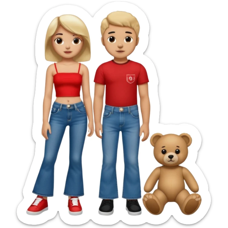 A boy and a girl teddy bear for the boy bear put on true religion shirt and jeans with black shoes and for the girl put flare jeans and a red tube top and white shoes just bears not the humans  sticker
