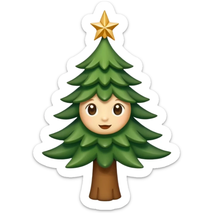 Un emoji représentant un petit sapin stylisé, sans bouche, avec deux grands yeux de biche brillants couleur cannelle. Style minimaliste, mignon et expressif, comme un sticker ou un emoji moderne. Fond parfaitement transparent, haute qualité, bien centré. sticker