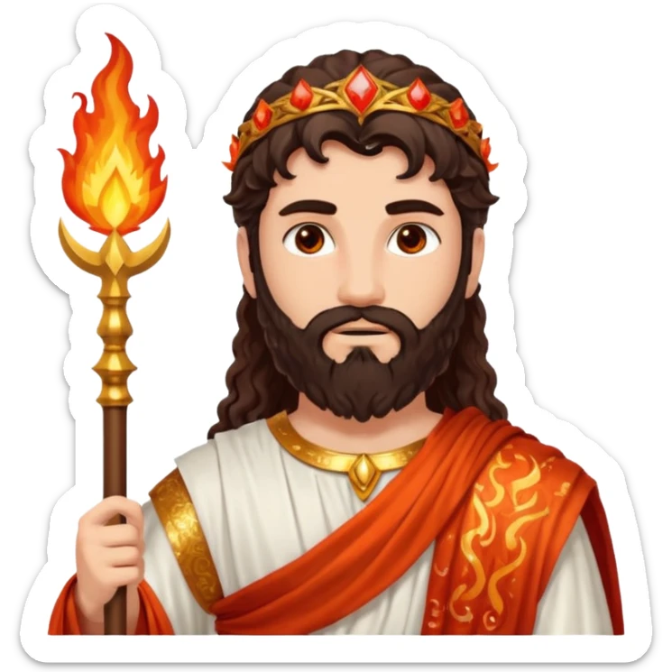 Vulcan, God of Fire from Roman Deities with long dark brown wavy hair and beard, red orange sequin toga  sticker