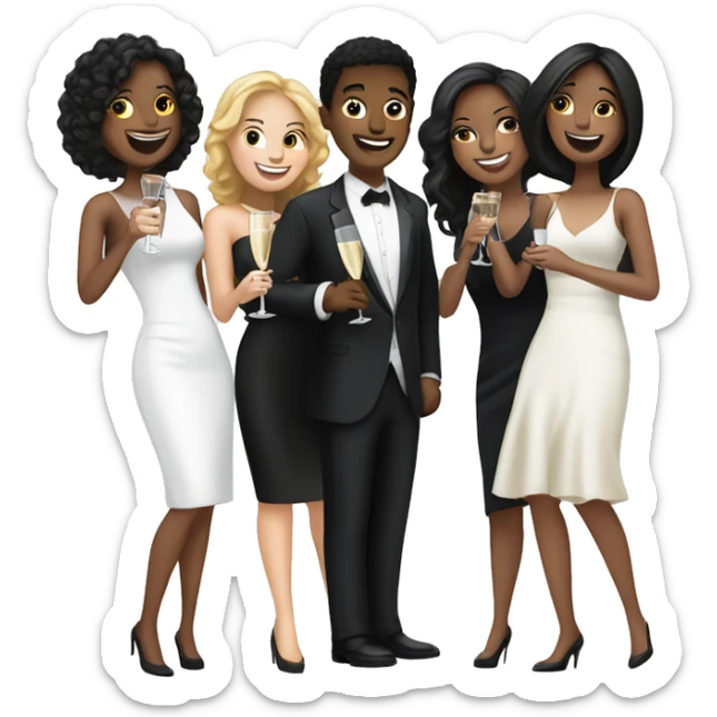 Group of 5 smiling women with black dresses, one boy black suit and a woman with white dress clinking champagne sticker