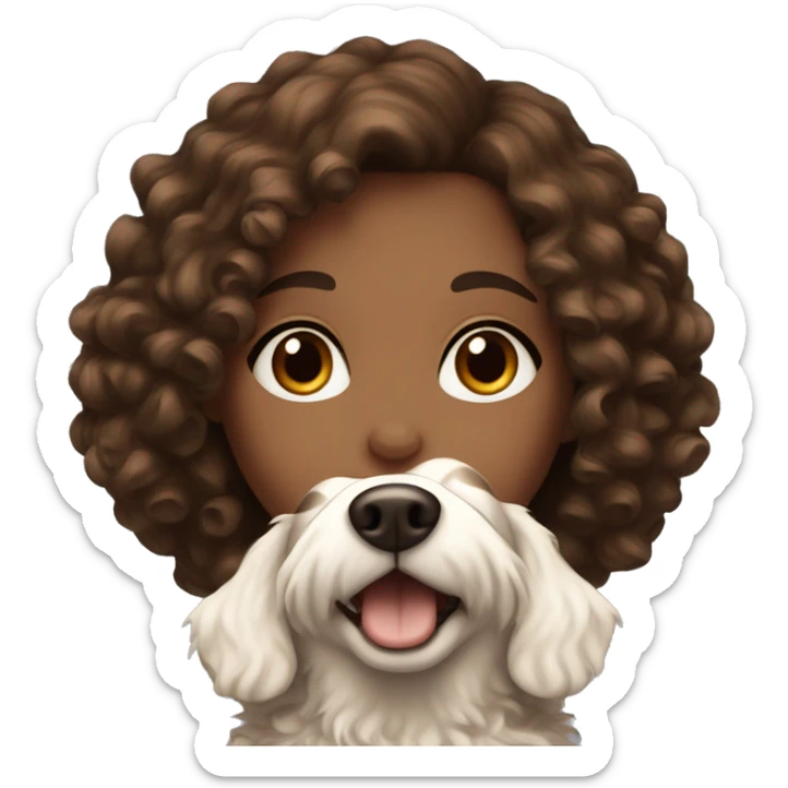 Girl with brown eyes and brown curly hair holding fluffy white dog  sticker