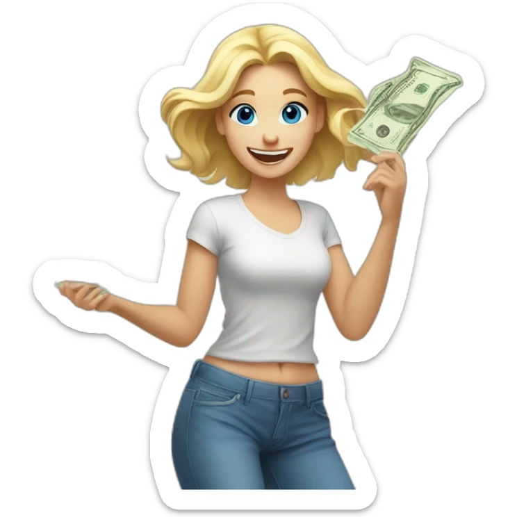 blonde girl with blue eyes rejoices and dances while holding money in her hands sticker