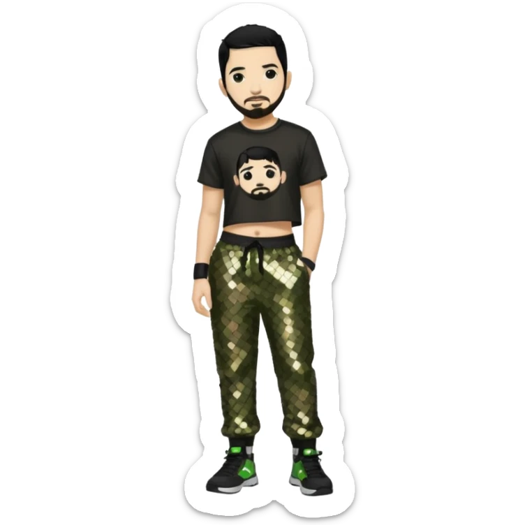 Mike Shinoda with black hair, black sequin crop top, olive sequin baggy pants sticker