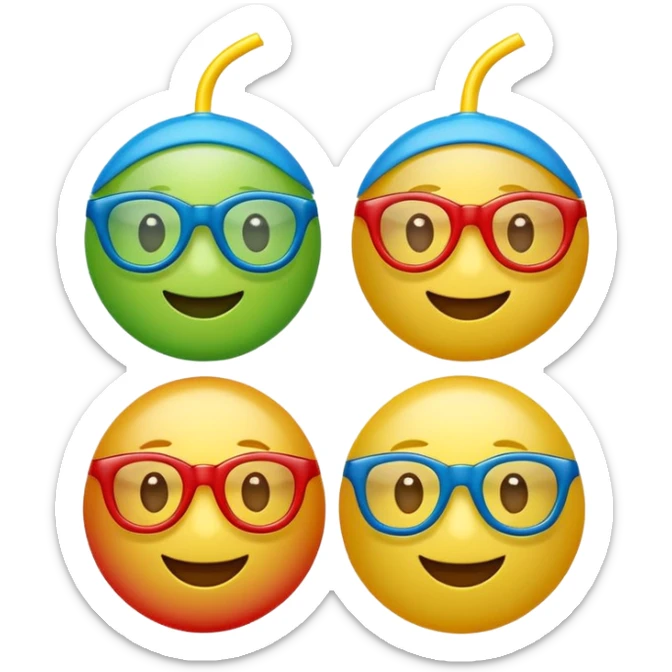 Cute 3D cartoon emoji sticker of a plastic glasses and ball game with three glossy 3 plastic glasses (blue, green, red) and a yellow ball, soft lighting, smooth shadows, playful, white sticker outline, transparent background, high resolution. sticker