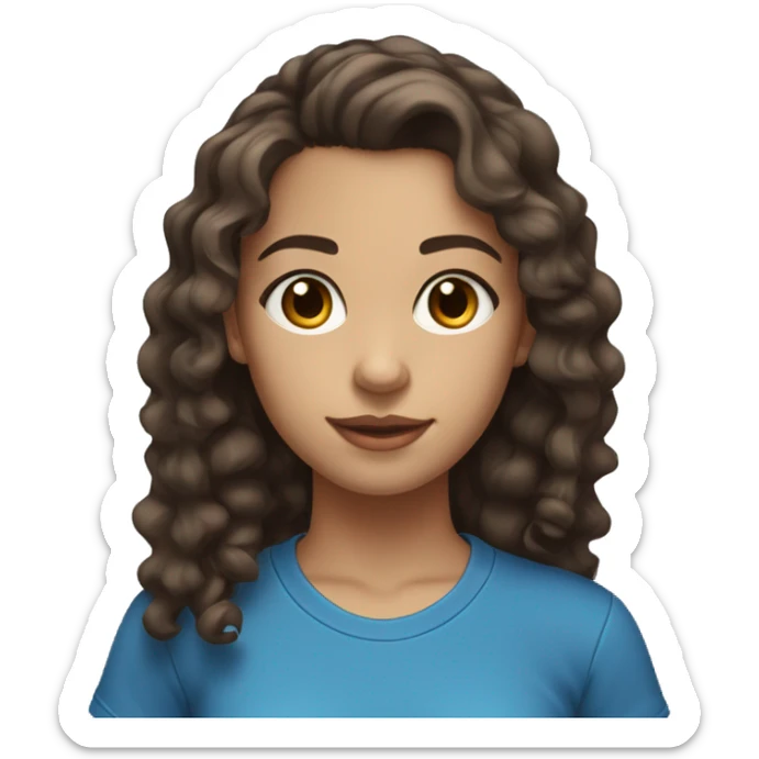 Teen girl with brown eyes and dark brown hair with highlights a blue t-shirt and leggings curly mid hair sticker