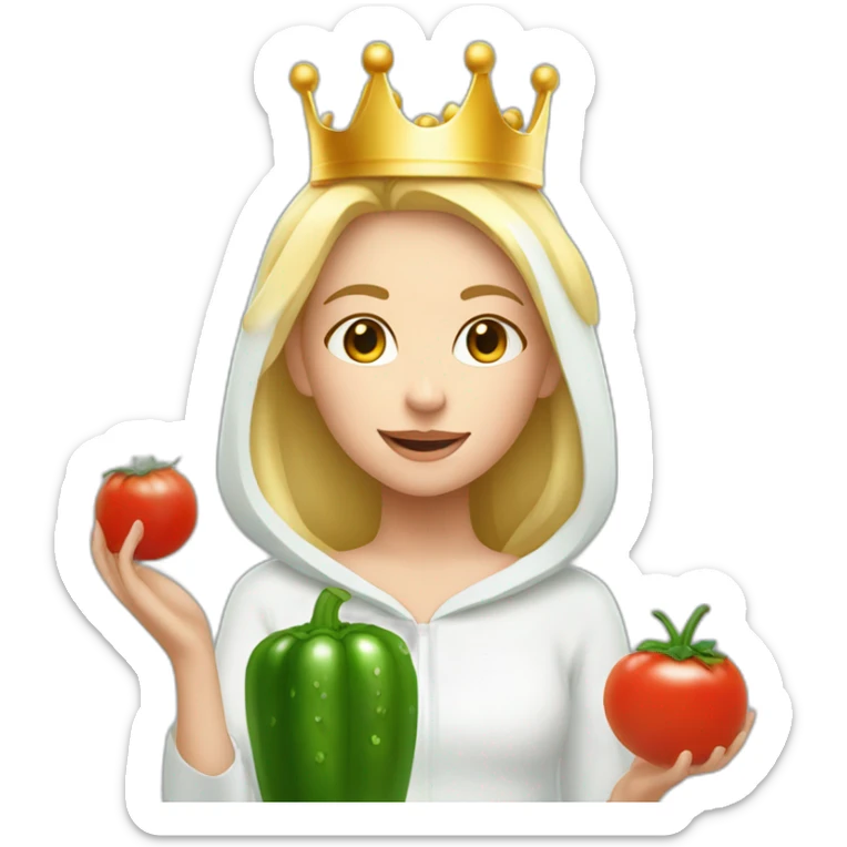 blonde girl  eating  cucumber and tomatoes with white hoodie iridescent and a crown princess sticker