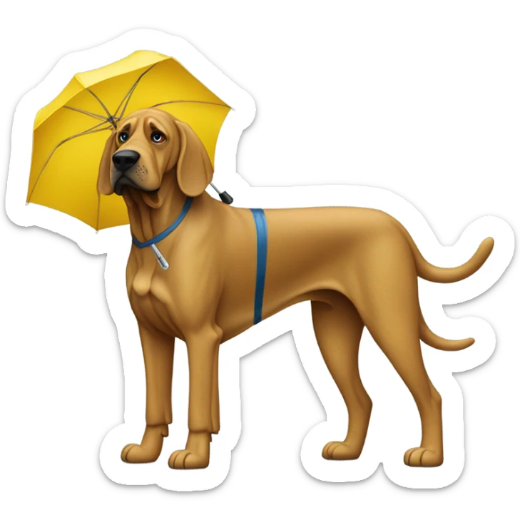 Full body blue and yellow bloodhound-wearing bifocals in the rain with an umbrella while shivering. sticker