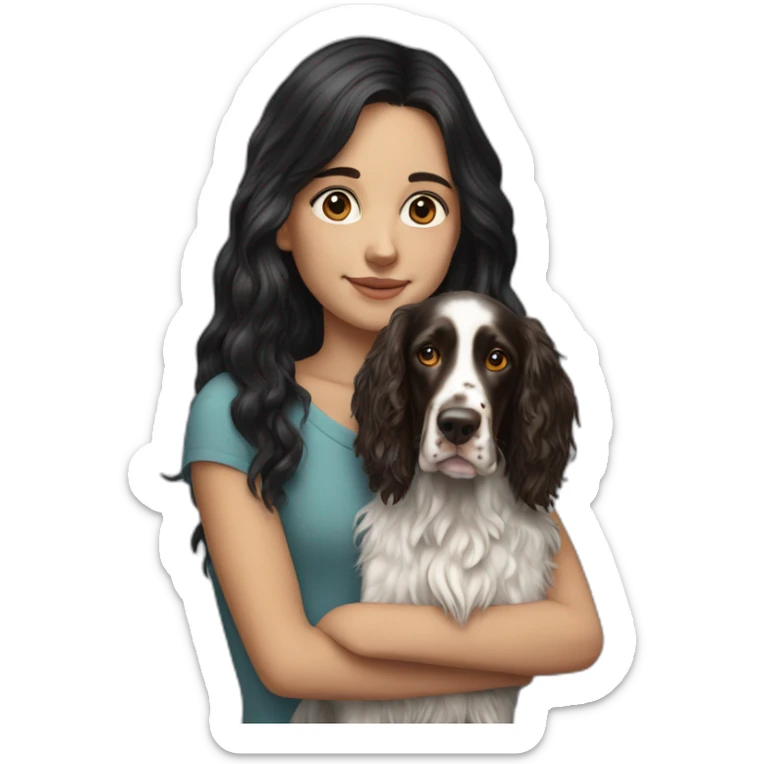 hyperrealist caucasian girl black long hair with brown english setter dog sticker