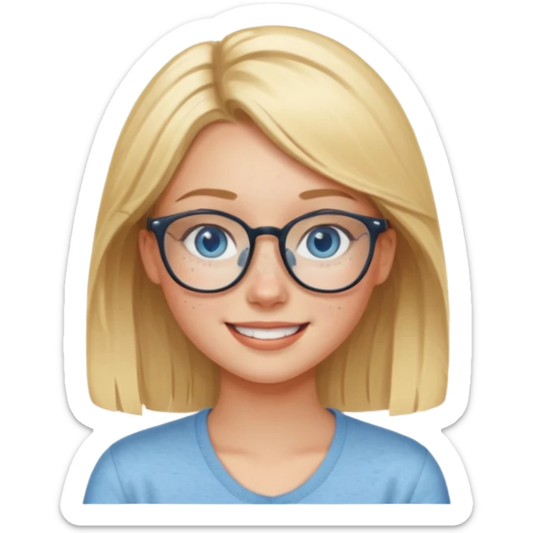 Blonde girl with blue eyes and fair skin and freckles in glasses smiling  sticker