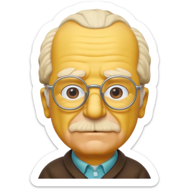 A 3D cartoon close-up of Grandpa Abe Simpson from The Simpsons, rendered in Memoji-style with bald yellow head, white tufts of hair on the sides, wrinkled face, glasses, and warm lighting. Match the Simpsons family color tone and style. sticker