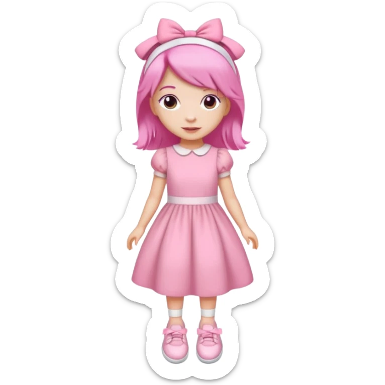 A girl wear a a pink pink dress and pink wacth and a pink hairband and a white shoes sticker