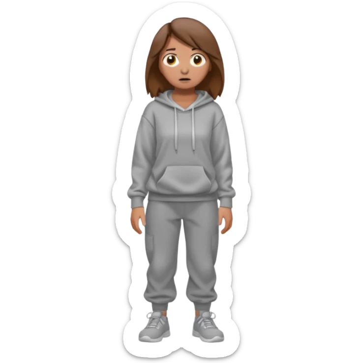 Chica grande  asustada de cuerpo completo mirado a la izquierda con pelo castaño pantalones baggy  grises y hoodie gris  sticker