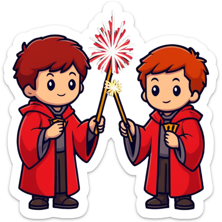 Fred and George Weasley with matching red hair and Gryffindor wizard robes, holding fireworks sticker