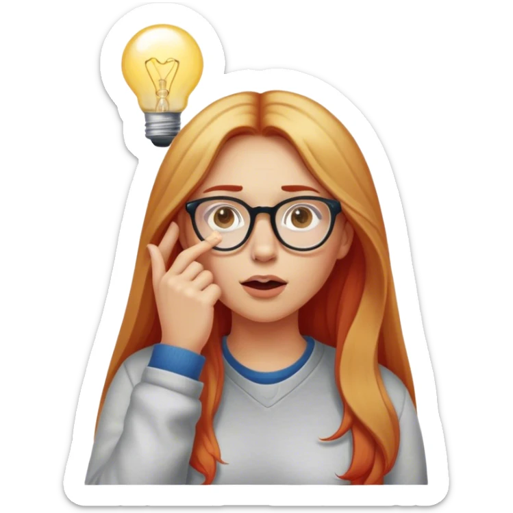 intelligent and clever, 30 year old, girl, long red and almost blond hair, glasses, has an brillant idea, rubs his nose, light bulb over the head, casual cloth  sticker