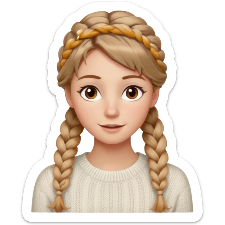 light brown hair blonde hair hazel eyes woman with a white cable knit sweater thatand one braid down her back  with tendrils of hair flowing down her face and she is happy pale, some freckles, blush. she has a cateye wing and long lashes sticker