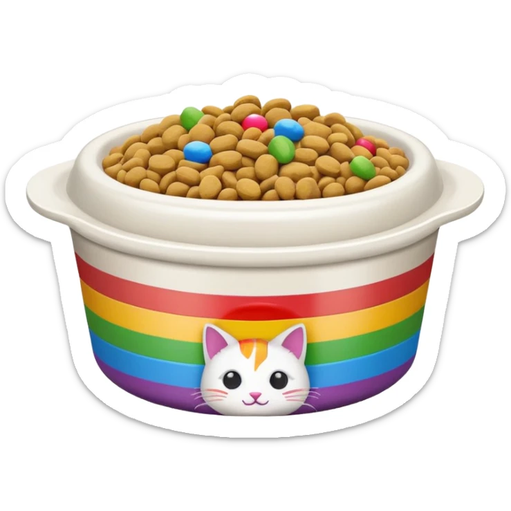 cat food bowl filled to the brim with food stacked above the rim, white kibble with rainbow accents, apple emoji style sticker