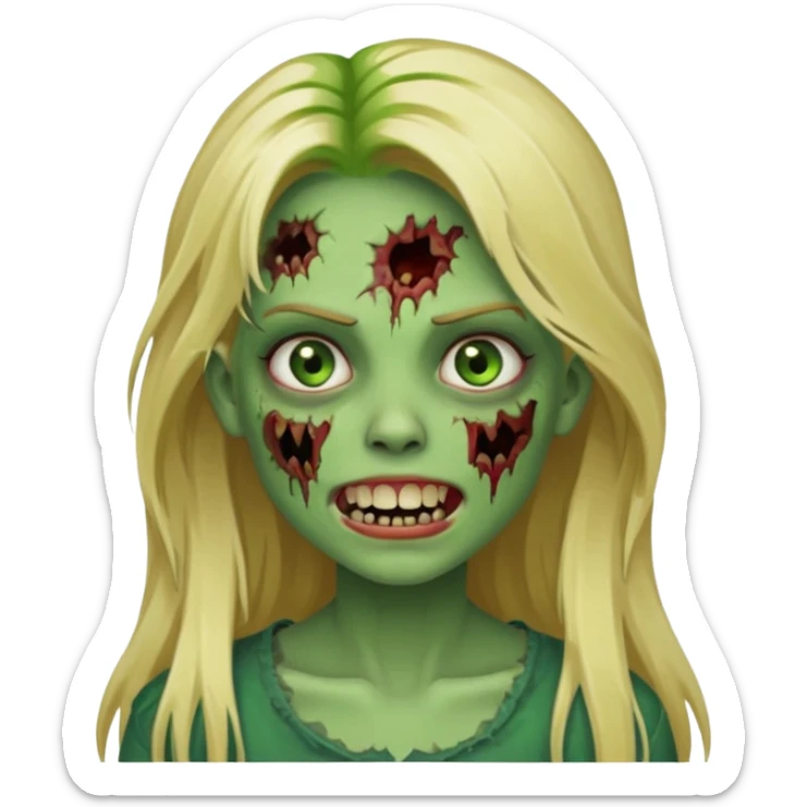 girl zombie with blonde long hair with teeth green skin and with no angry face sticker