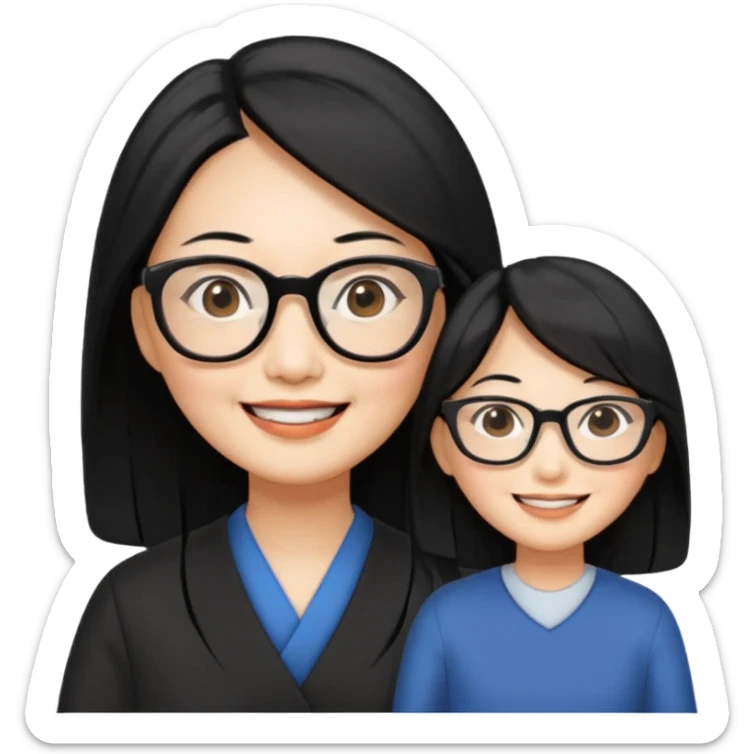 50 yr old asian woman, long straight black hair, side part, big glasses sticker