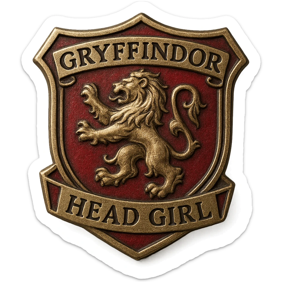 realistic metallic badge for Gryffindor head girl, with lion symbol, 'Head Girl' engraved, red and gold accents, no people, collectible pin style sticker
