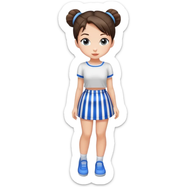 Pretty young brunette girl with only 1 bun in a vertical blue and white striped miniskirt sticker