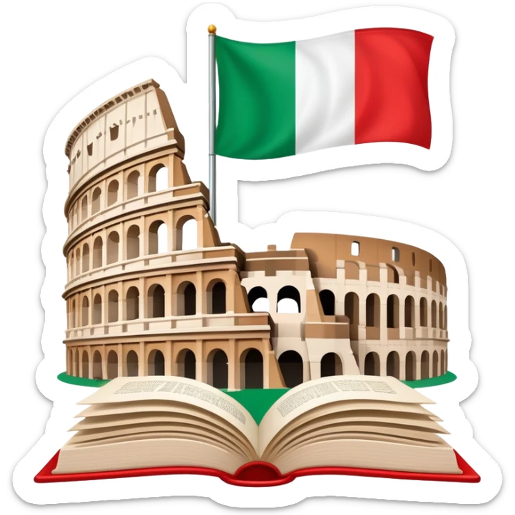 An icon featuring the Colosseum and the flag of Italy, symbolizing the Italian language. The design includes an open book with Italian phrases, representing language learning and cultural heritage. Transparent background sticker