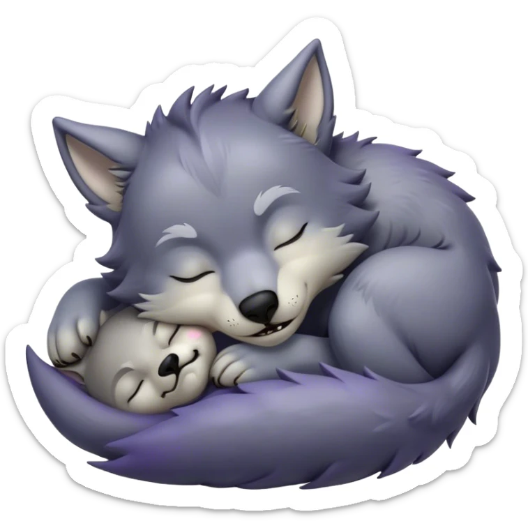 Meme-Worthy Cute Sleeping Werewolf Portrait Emoji, with a cuddly, miniature lupine form in soft moonlit grays and silvers, head resting peacefully with gently closed dreamy eyes and a small, content smile, simplified yet irresistibly endearing, highly detailed with a soft glowing outline that captures the cozy, sleepy essence of a werewolf after frolicking under the full moon! sticker