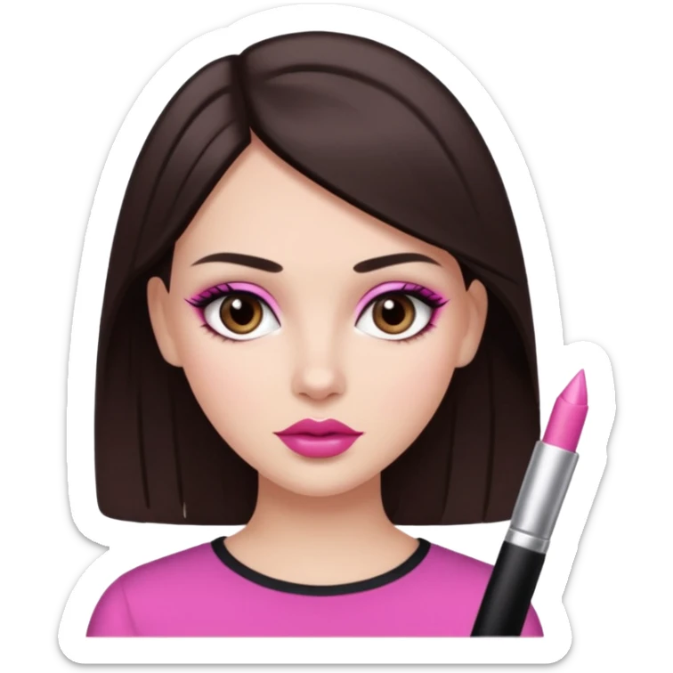White girl with straight dark brown hair and dark brown eyes, pink lips, "clean girl" makeup  sticker