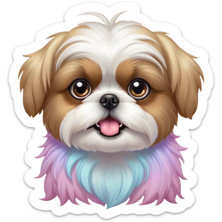 Cinematic Comical Shih Tzu Portrait Emoji, Head cocked with a hilariously exaggerated, shocked expression and twinkling, comically wide eyes, showcasing a fluffy, luxurious fur in soft pastel tones, simplified yet whimsically detailed, glowing with a playful, sassy radiance, high shine, exuding a humorous and cheeky charm, styled with a soft glowing outline, capturing the essence of a Shih Tzu that looks as if it could burst into a fit of playful antics at any moment! sticker