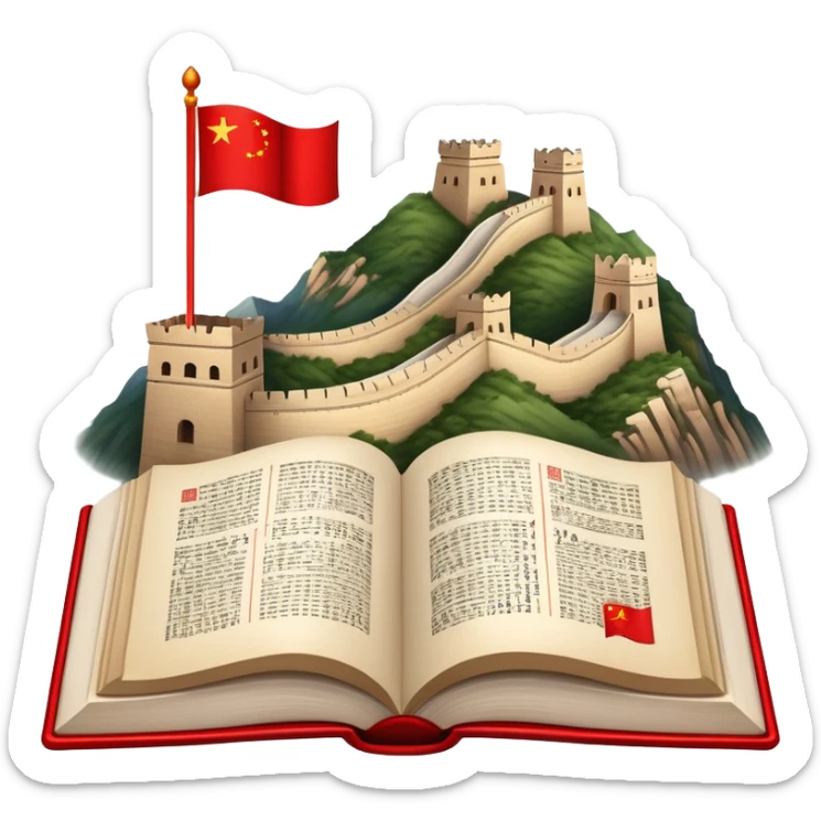 An icon featuring the Great Wall of China and the flag of China, symbolizing the Chinese language. The design includes an open book with Chinese characters and a red lantern, representing language learning and rich cultural tradition. Transparent background highlights the depth of Chinese heritage. sticker