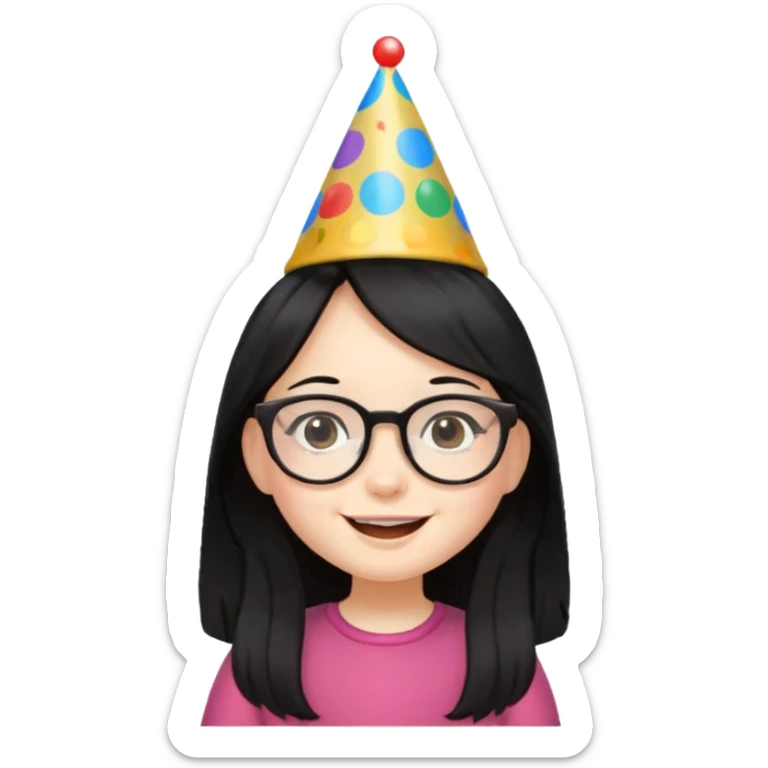 a little girl with long black hair with birthday hat, wearing glasses















 sticker