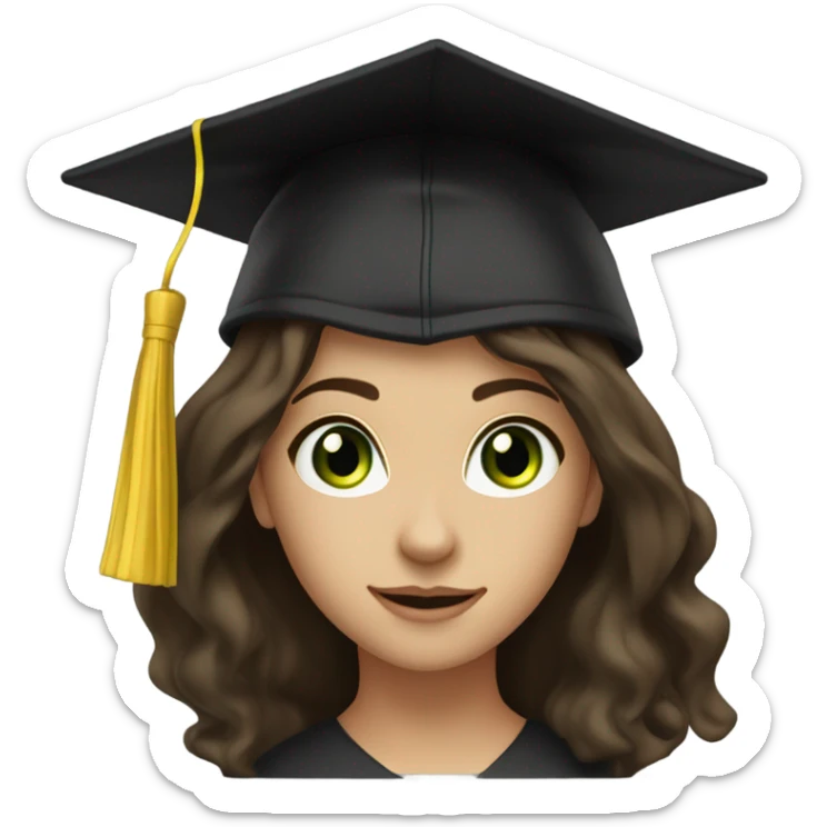 An emoji representing a brunette girl with green eyes and long, slightly wavy hair. She wears a black graduation cap on her head, symbolizing academic success. Her expression is soft and proud. sticker