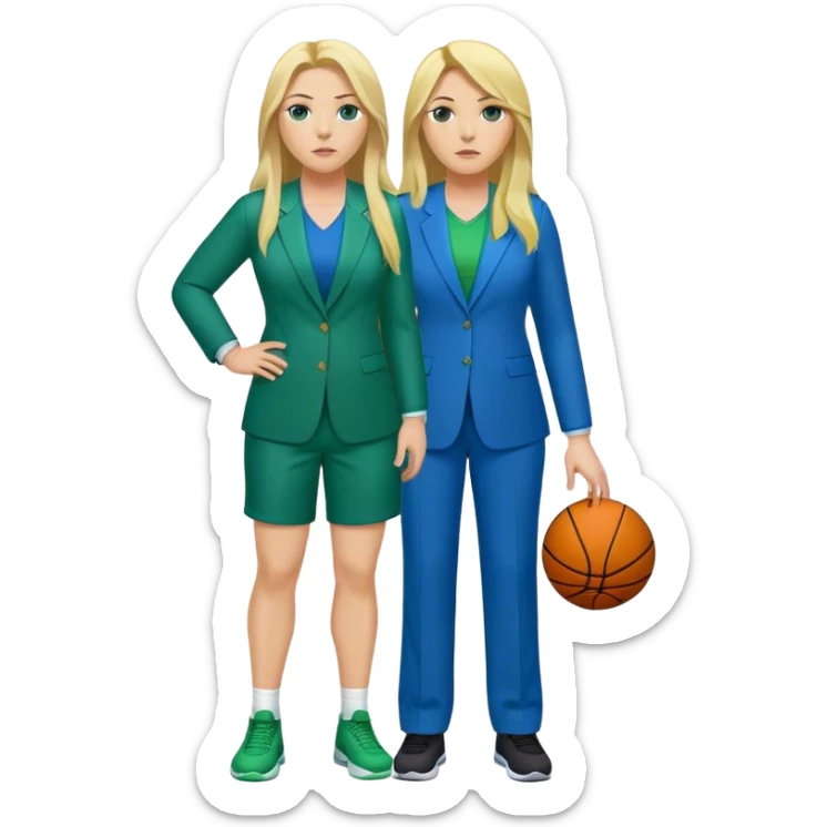 Full Body white plus size female basketball head coach with long blonde hair in a blue and green suit sticker
