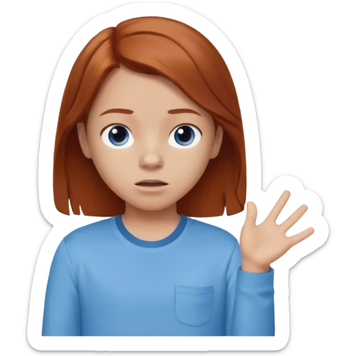 shrugging emoji tween auburn hair light blue shirt with a darker blue L sticker