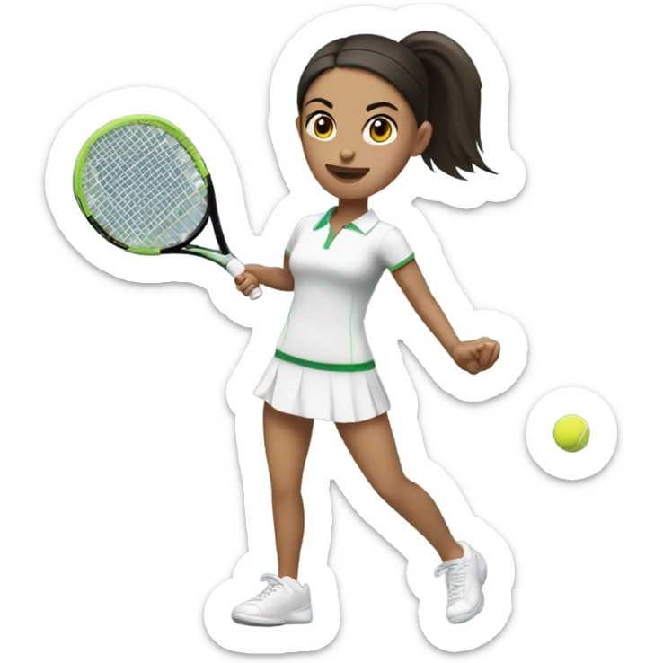 White skinned woman dark hair straight in ponytail hitting tennis ball sticker