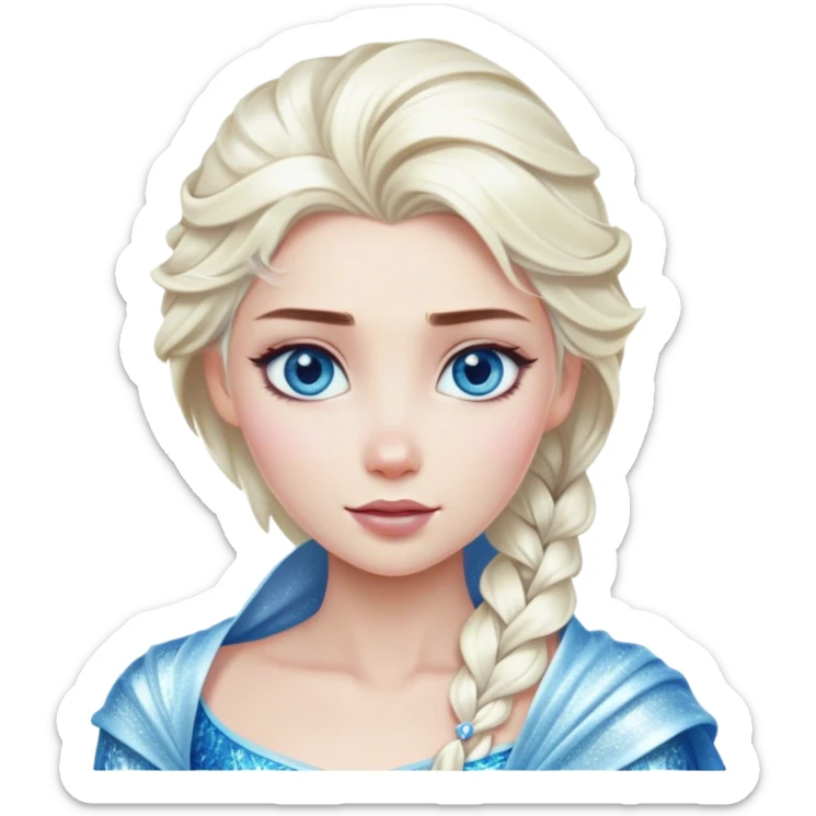 Cinematic Realistic Elsa Portrait, depicted with lifelike skin texture, soft natural lighting, and intricately detailed platinum blonde hair styled elegantly. Her striking, expressive blue eyes exude confidence and grace, complemented by a serene and regal expression. She is dressed in her signature icy attire, with shimmering fabric textures and delicate folds that catch the light beautifully. The portrait features a soft, enchanting glow with a cool, radiant finish, capturing the essence of timeless elegance in a realistic and painterly style, evoking a sense of depth and authenticity. sticker