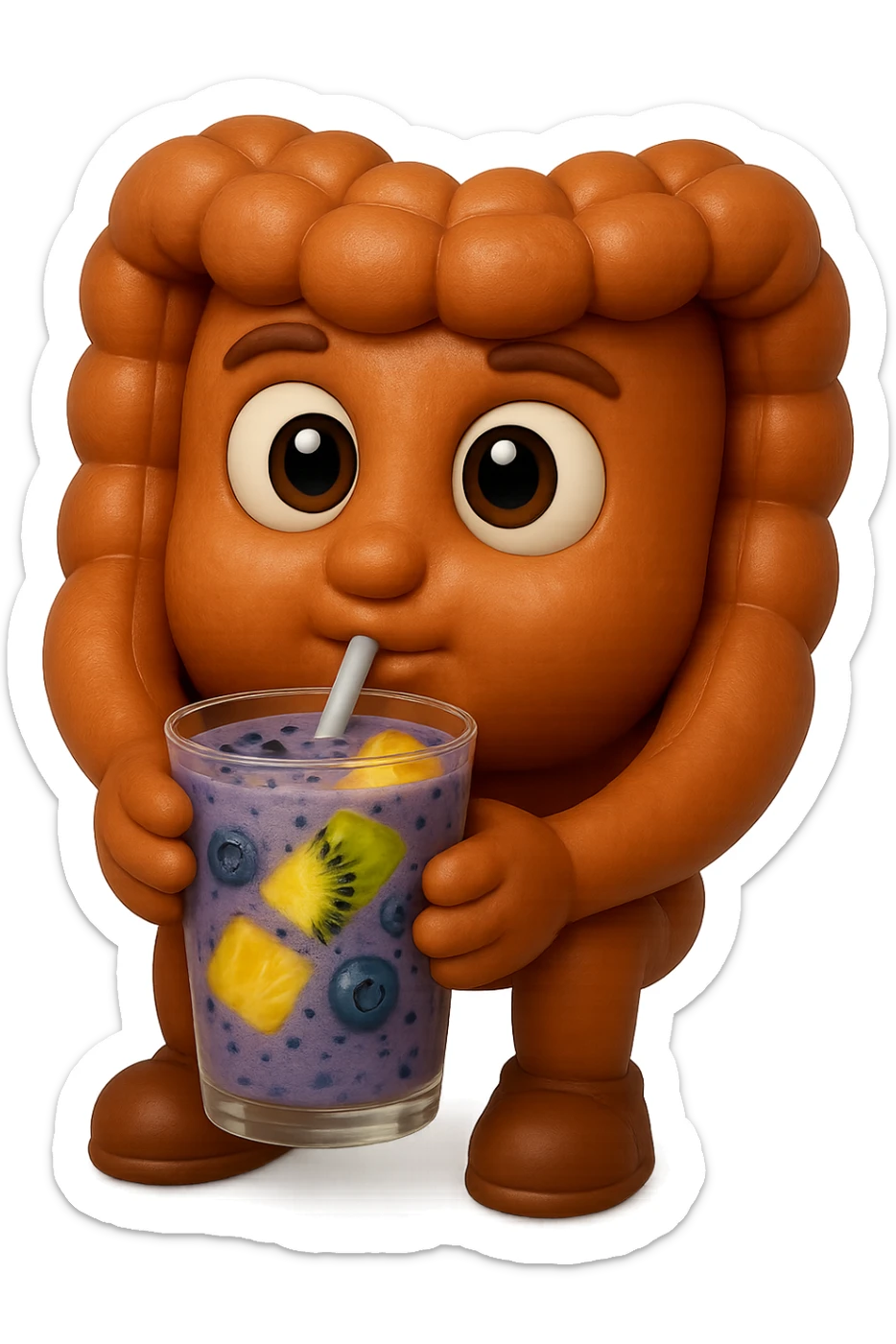 EMOJI STILE IPHONE DI un intestino umano anatomico che beve un frullato di mirtilli, ananas, kiwi, fagli anche la parte bianca degli occhi, non solo le pupille, REALISTICo 4K sticker