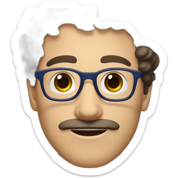 white man with short curly dark brown hair, blue small eyes, round eyeglasses and a brown mustache sticker