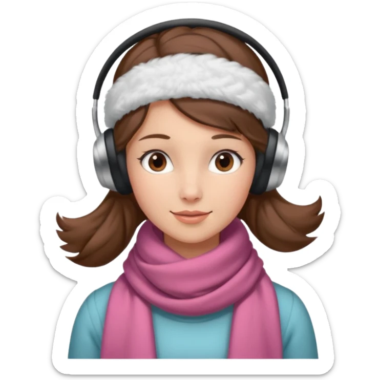 Victorian ice skater in a long dress. She is wearimg a scarf and earmuffs. She has boriwn hair. sticker
