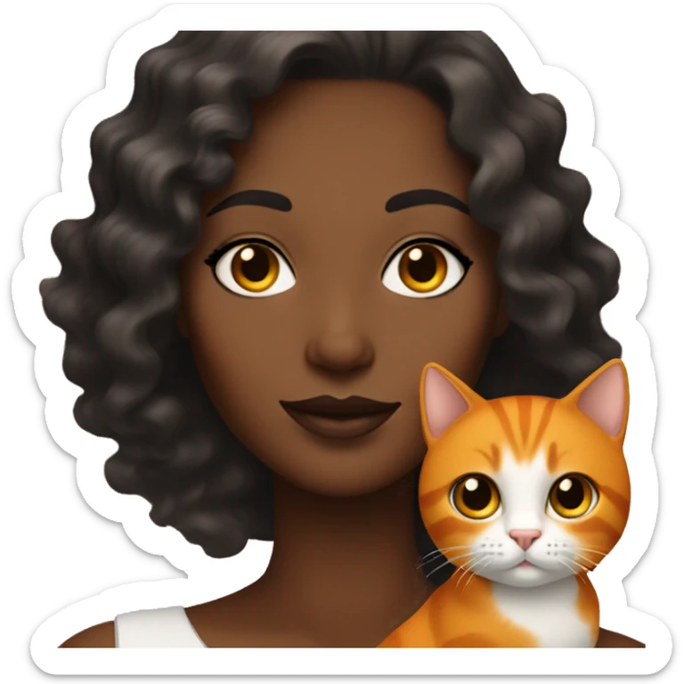 White Woman with Wavy Hair that is Blackish Brown and Glam Makeup holding an Orange Cat sticker